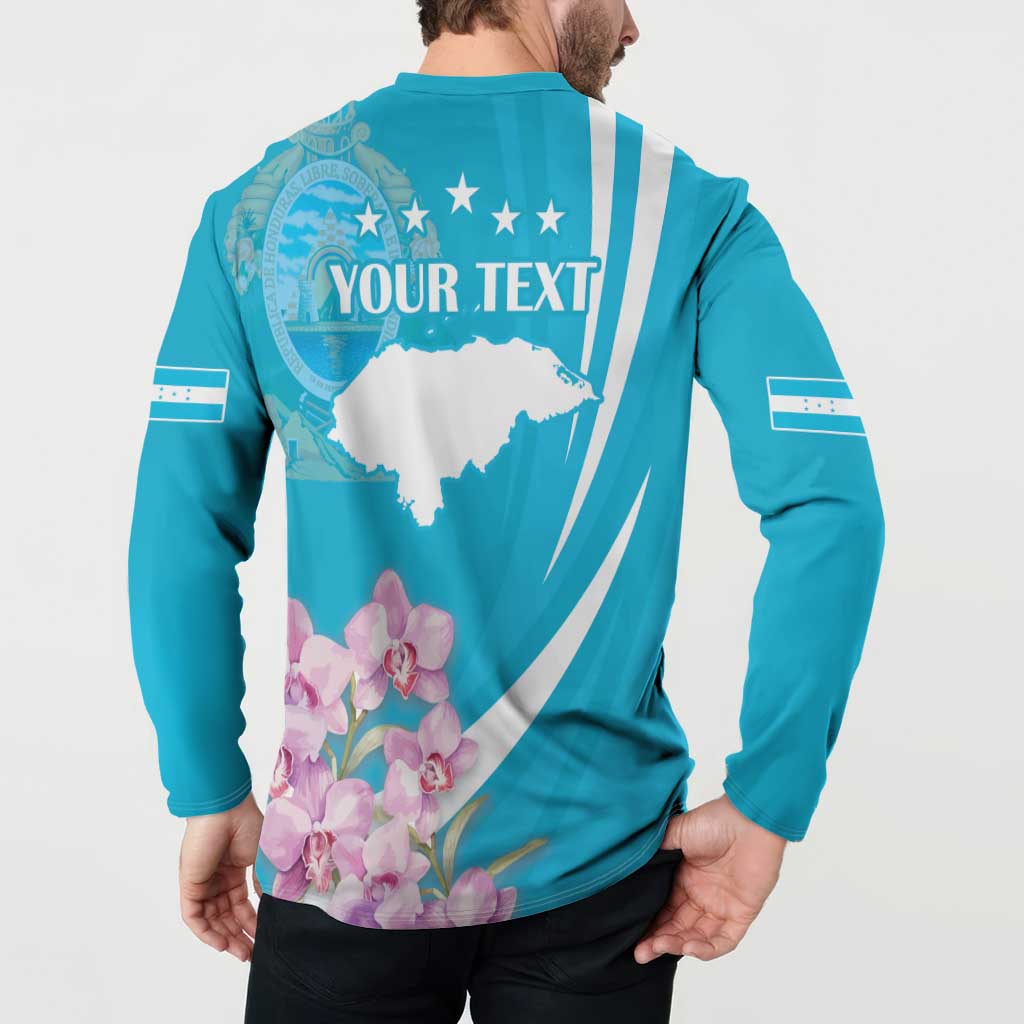 Blue button sweatshirt back with “YOUR TEXT”, Honduras map and pink orchid print