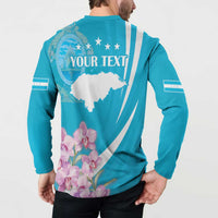 Blue button sweatshirt back with “YOUR TEXT”, Honduras map and pink orchid print