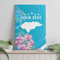 Blue canvas wall art on shelf, white Honduras map, stars and 'YOUR TEXT'