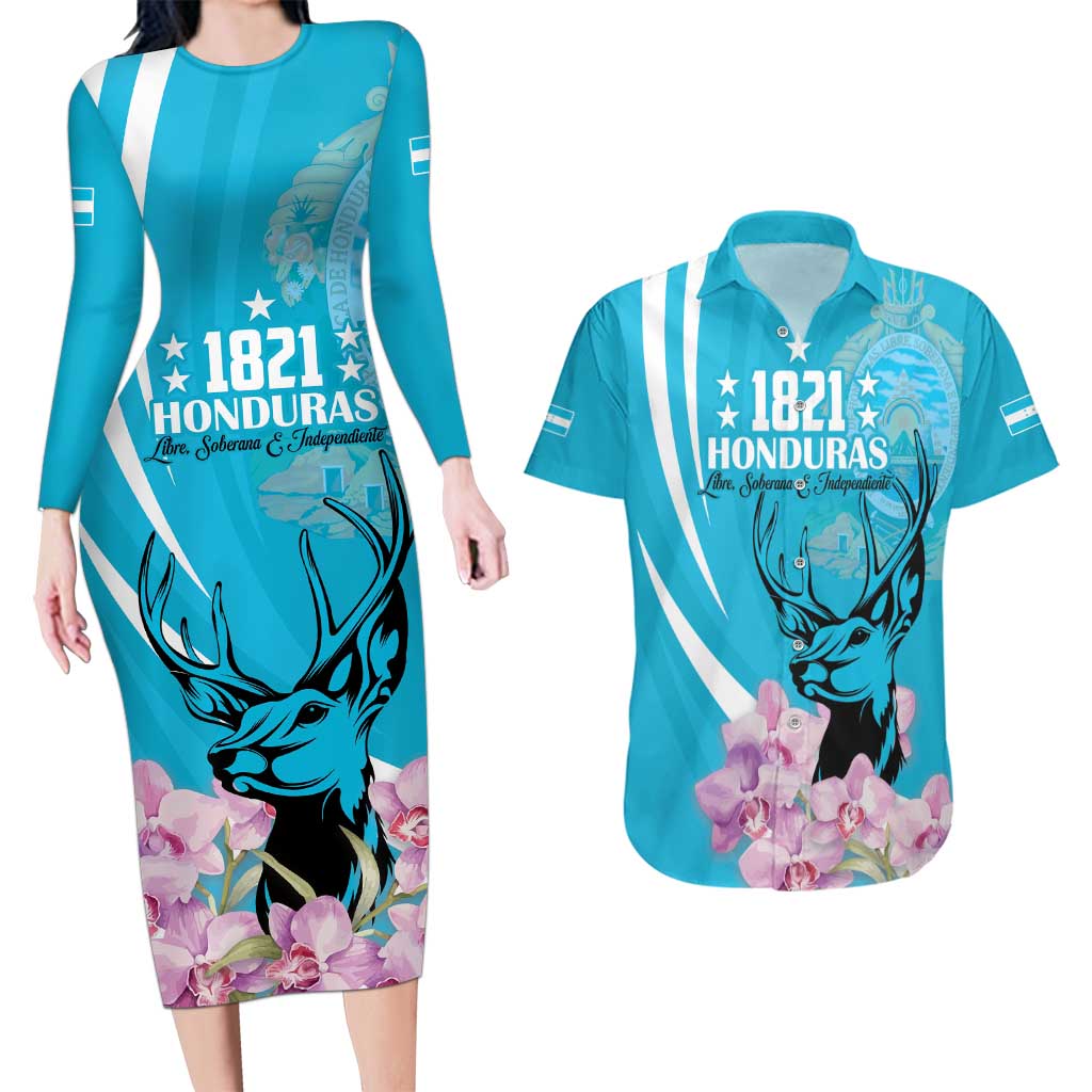 Personalized Honduras Independence Day Couples Matching Long Sleeve Bodycon Dress and Hawaiian Shirt With White Tailed Deer - Wonder Print Shop