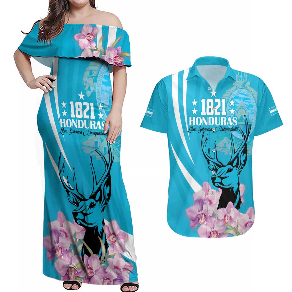 Personalized Honduras Independence Day Couples Matching Off Shoulder Maxi Dress and Hawaiian Shirt With White Tailed Deer - Wonder Print Shop