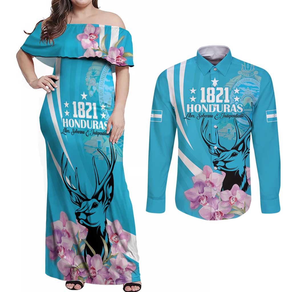 Personalized Honduras Independence Day Couples Matching Off Shoulder Maxi Dress and Long Sleeve Button Shirt With White Tailed Deer - Wonder Print Shop