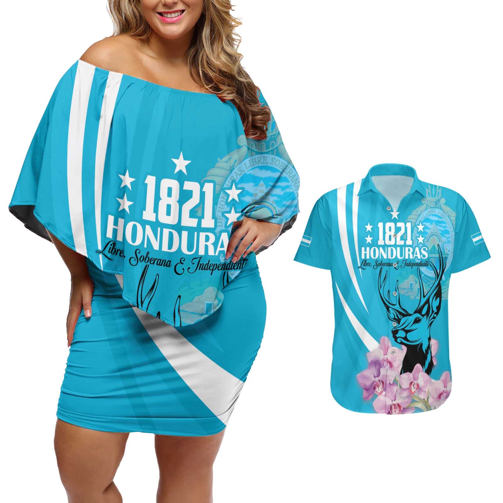 Personalized Honduras Independence Day Couples Matching Off Shoulder Short Dress and Hawaiian Shirt With White Tailed Deer - Wonder Print Shop