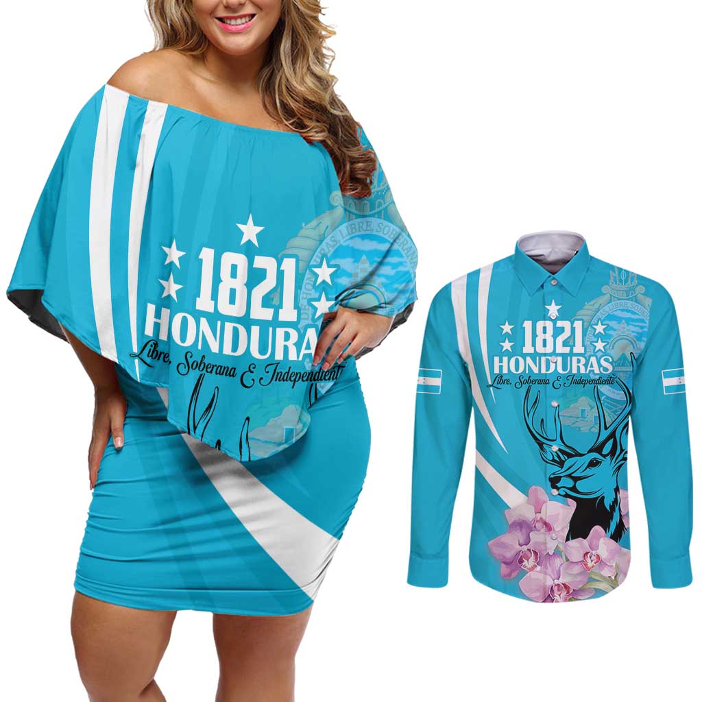 Personalized Honduras Independence Day Couples Matching Off Shoulder Short Dress and Long Sleeve Button Shirt With White Tailed Deer - Wonder Print Shop