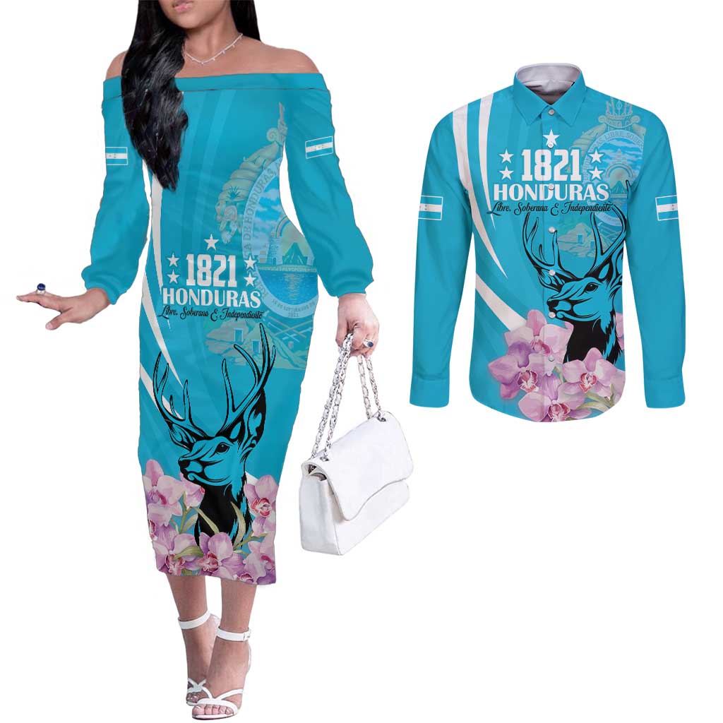 Personalized Honduras Independence Day Couples Matching Off The Shoulder Long Sleeve Dress and Long Sleeve Button Shirt With White Tailed Deer