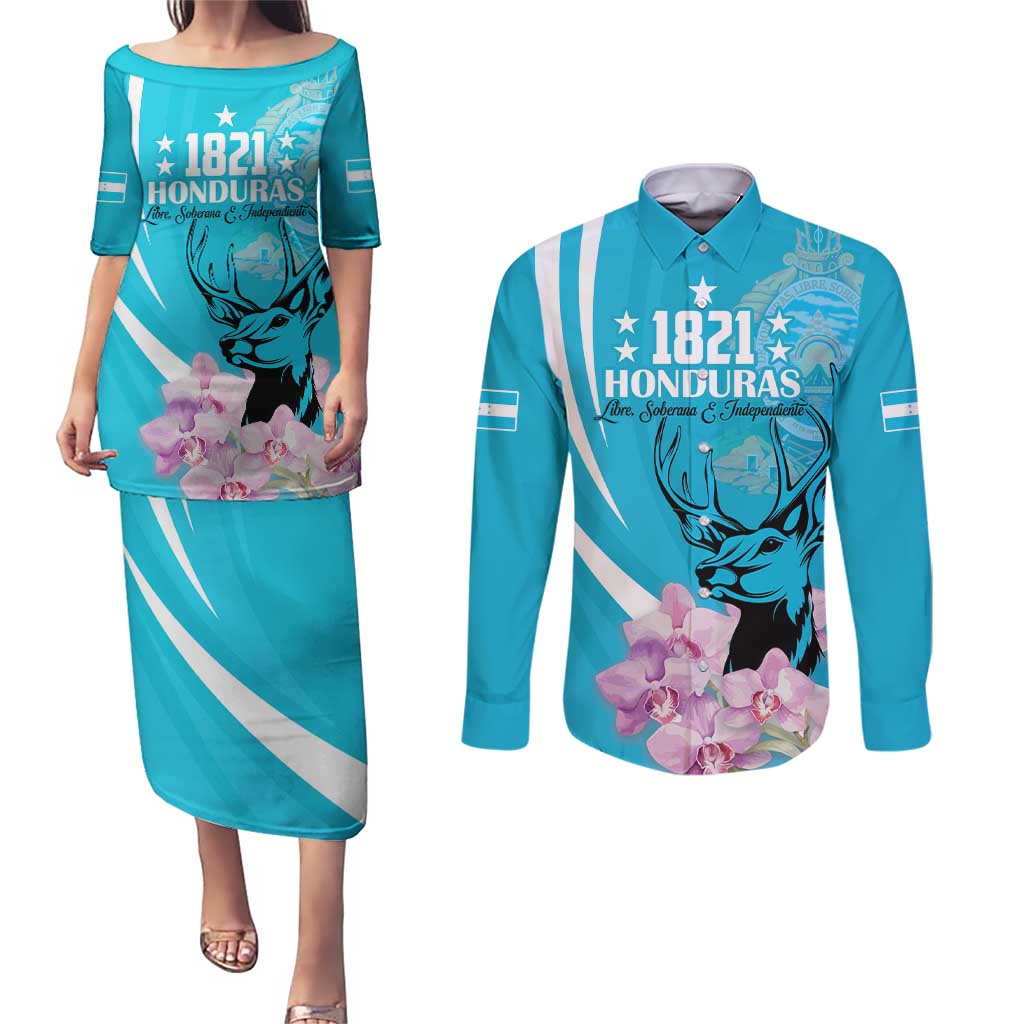 Personalized Honduras Independence Day Couples Matching Puletasi and Long Sleeve Button Shirt With White Tailed Deer - Wonder Print Shop