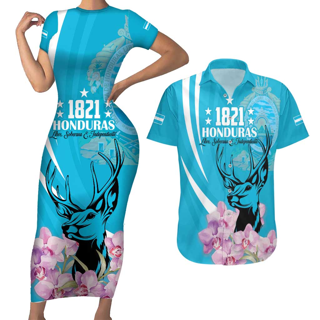 Personalized Honduras Independence Day Couples Matching Short Sleeve Bodycon Dress and Hawaiian Shirt With White Tailed Deer - Wonder Print Shop