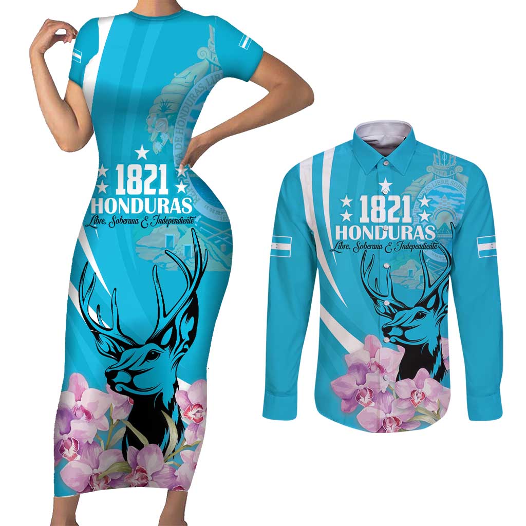 Personalized Honduras Independence Day Couples Matching Short Sleeve Bodycon Dress and Long Sleeve Button Shirt With White Tailed Deer - Wonder Print Shop