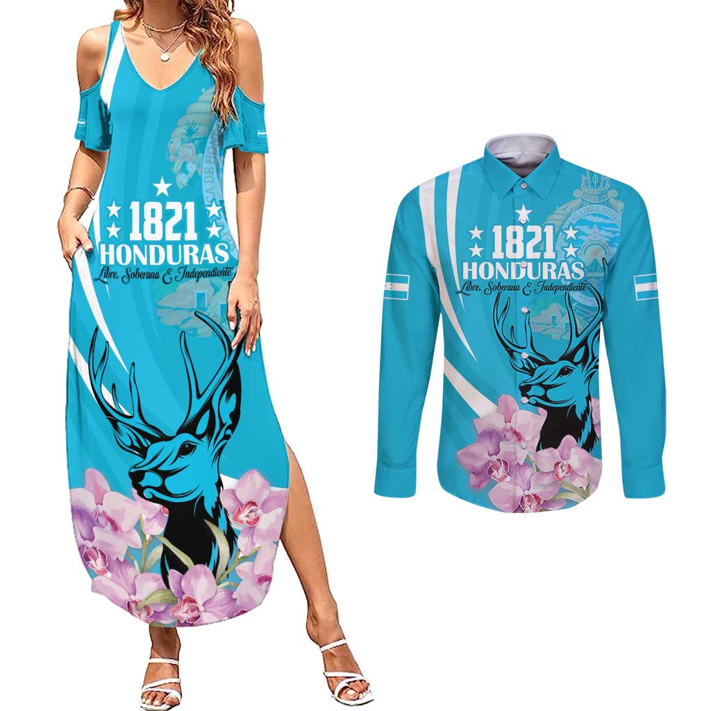 Personalized Honduras Independence Day Couples Matching Summer Maxi Dress and Long Sleeve Button Shirt With White Tailed Deer - Wonder Print Shop