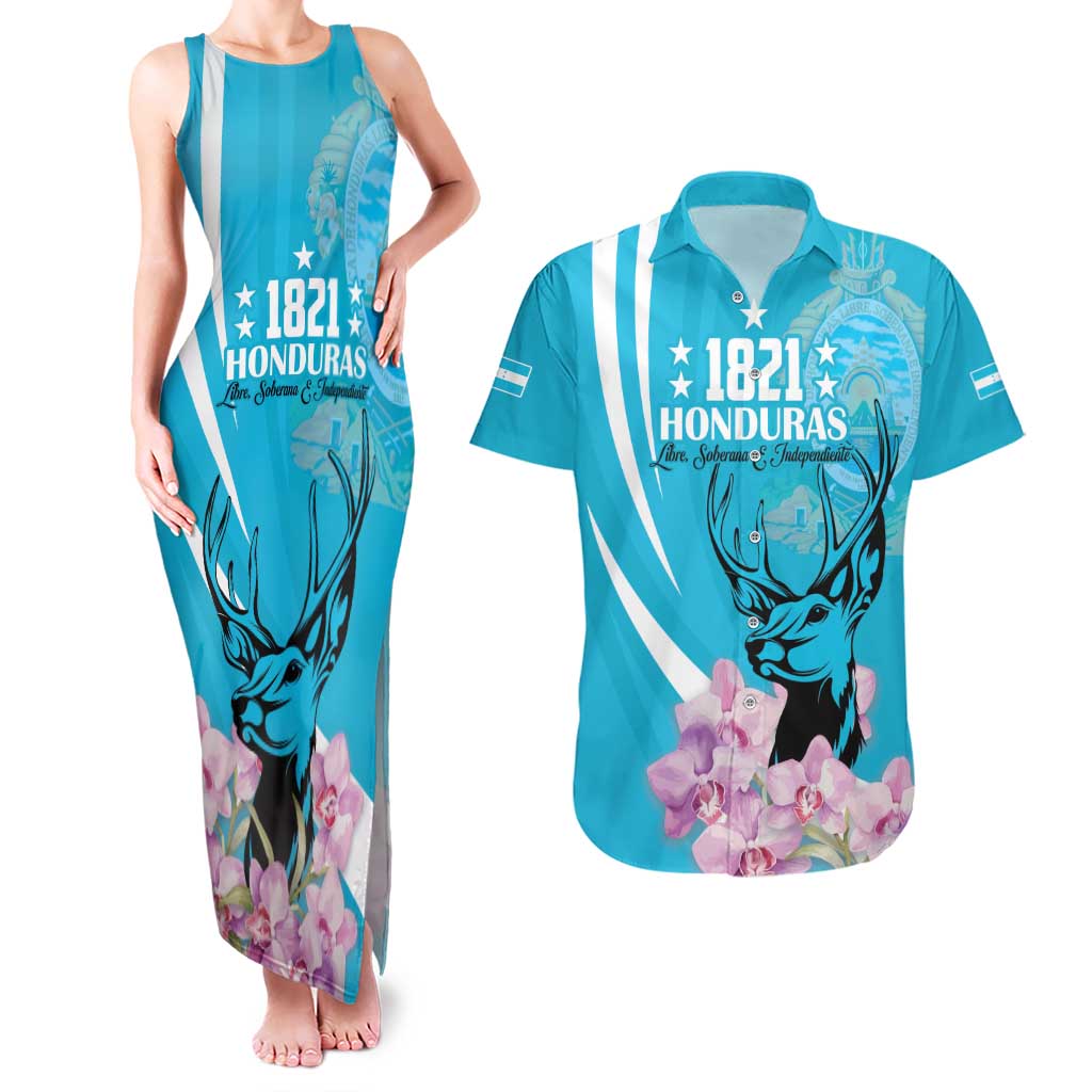 Personalized Honduras Independence Day Couples Matching Tank Maxi Dress and Hawaiian Shirt With White Tailed Deer - Wonder Print Shop