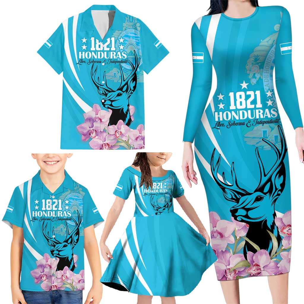 Personalized Honduras Independence Day Family Matching Long Sleeve Bodycon Dress and Hawaiian Shirt With White Tailed Deer - Wonder Print Shop