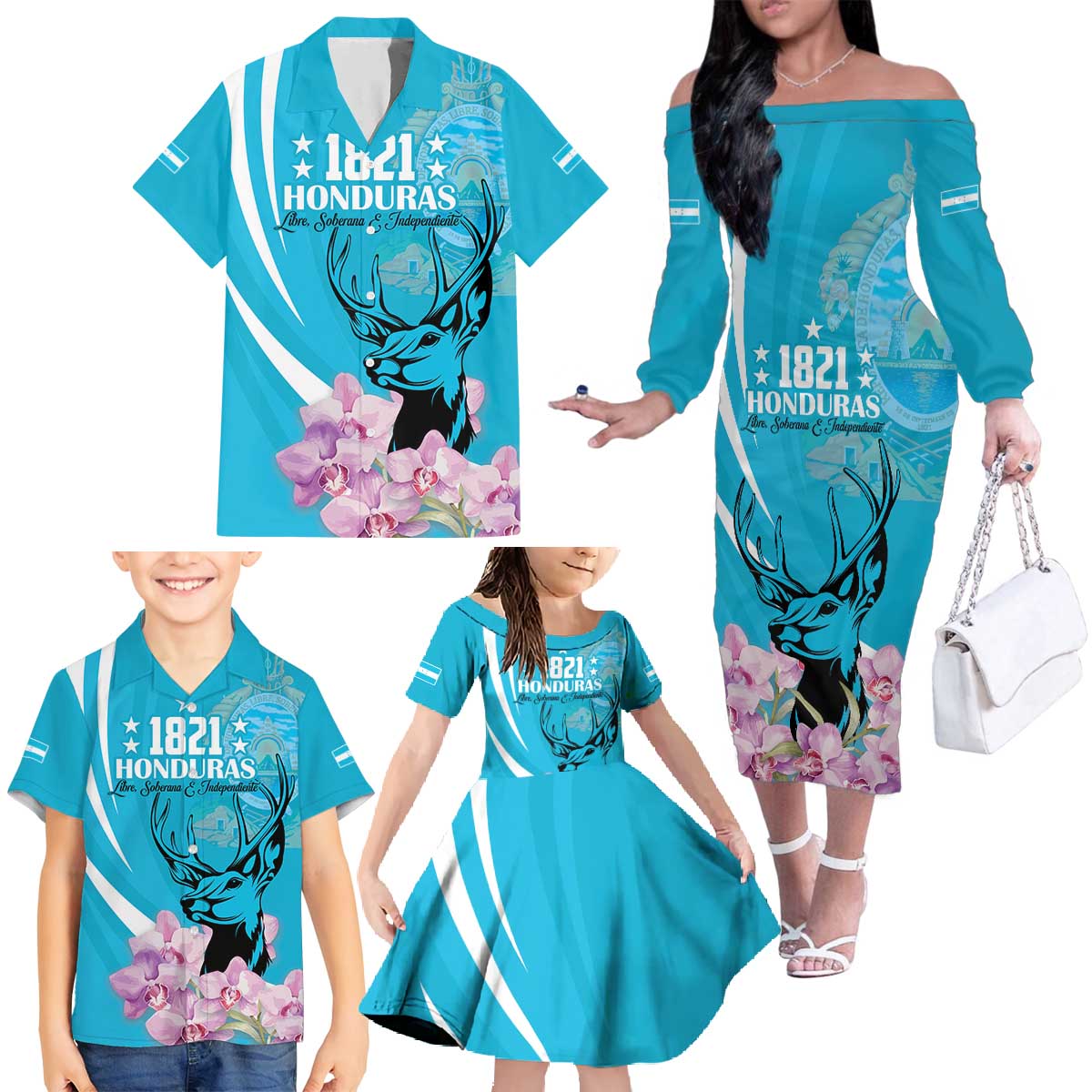 Personalized Honduras Independence Day Family Matching Off The Shoulder Long Sleeve Dress and Hawaiian Shirt With White Tailed Deer - Wonder Print Shop