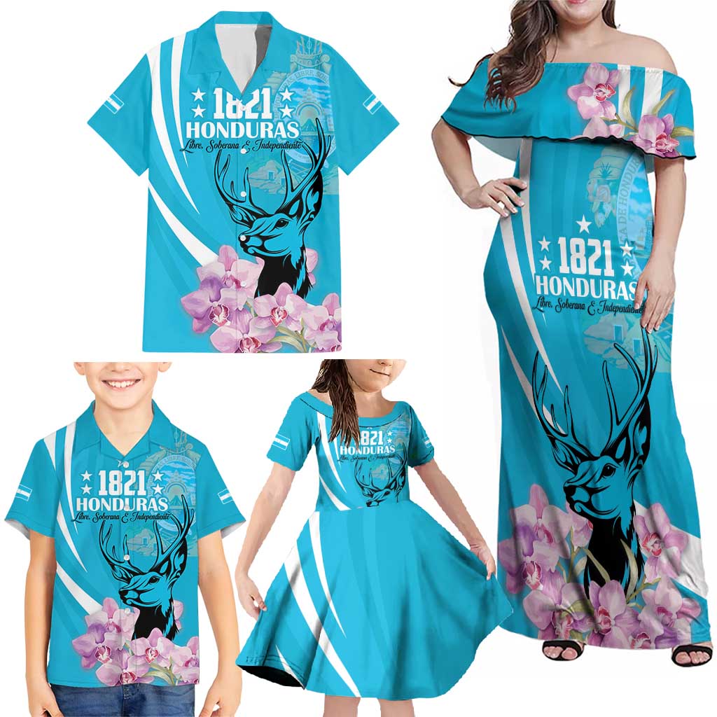 Personalized Honduras Independence Day Family Matching Off Shoulder Maxi Dress and Hawaiian Shirt With White Tailed Deer - Wonder Print Shop