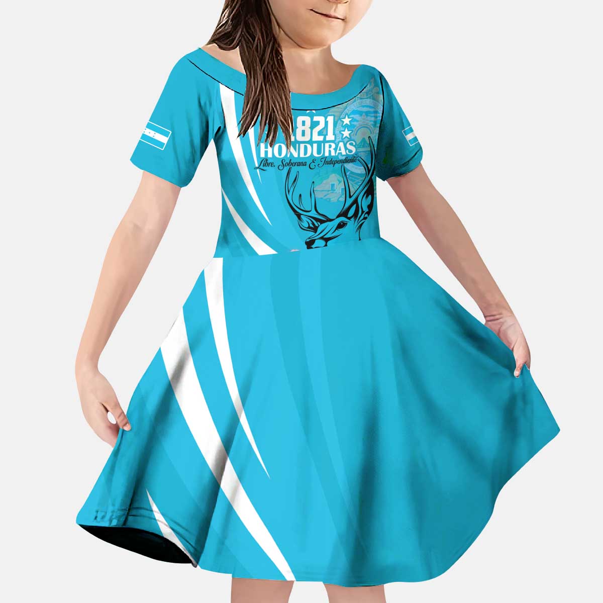 Personalized Honduras Independence Day Kid Short Sleeve Dress With White Tailed Deer - Wonder Print Shop