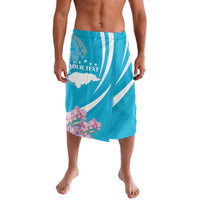 Blue lavalava skirt with white diagonal stripes, deer graphic, and flower accents