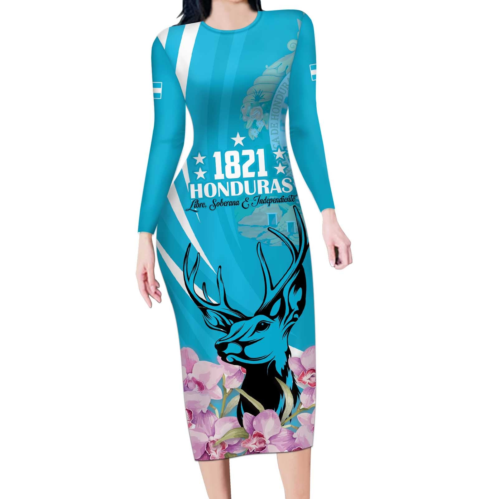 Personalized Honduras Independence Day Long Sleeve Bodycon Dress With White Tailed Deer - Wonder Print Shop