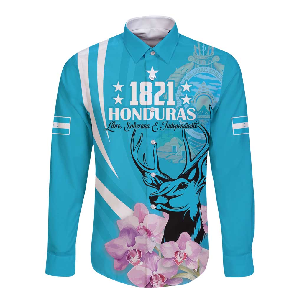 Blue long-sleeve button shirt with 1821 Honduras deer and orchid graphic