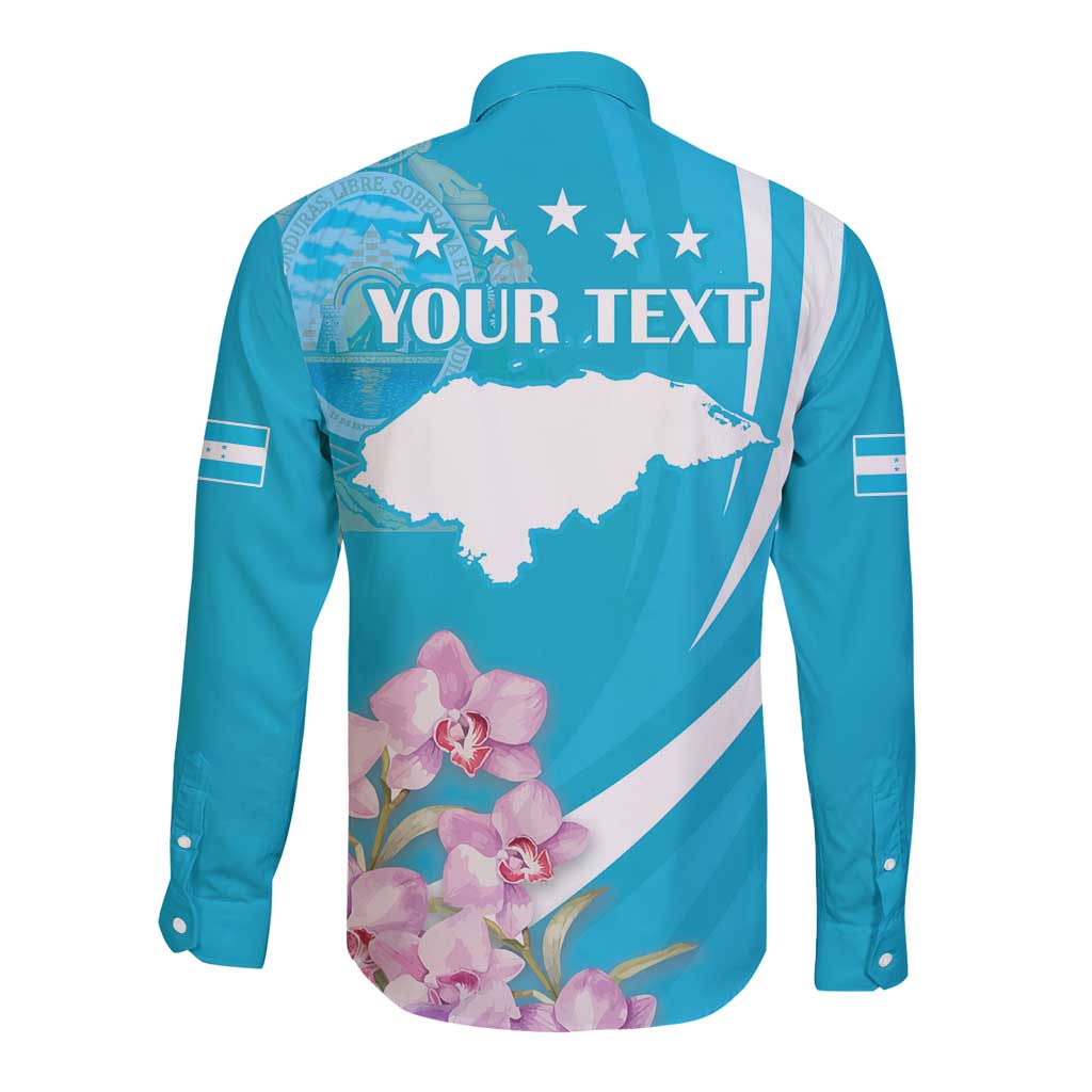 Blue long-sleeve button shirt with YOUR TEXT and Honduras map floral print