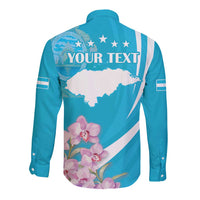 Blue long-sleeve button shirt with YOUR TEXT and Honduras map floral print
