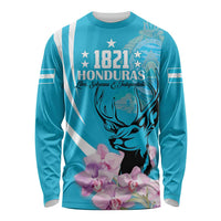 Blue long-sleeve shirt with "1821 Honduras" front crest, deer head, and pink flowers