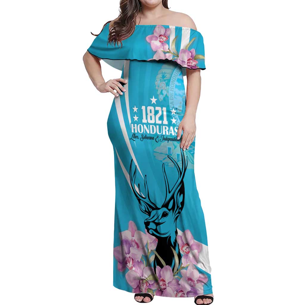 Personalized Honduras Independence Day Off Shoulder Maxi Dress With White Tailed Deer - Wonder Print Shop