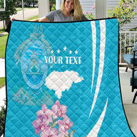 Personalized blue quilt with deer outline, Honduras flag map, and white text