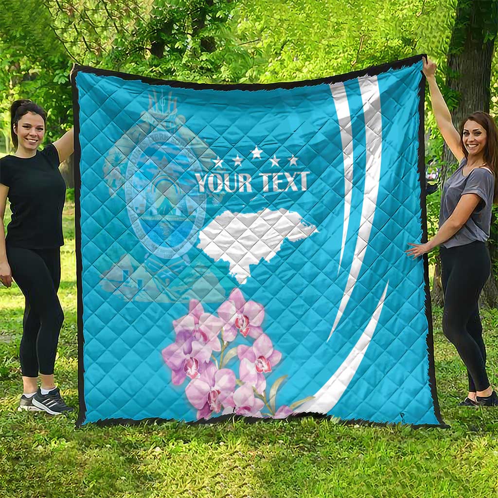 Personalized blue quilt with deer outline, Honduras flag map, and white text