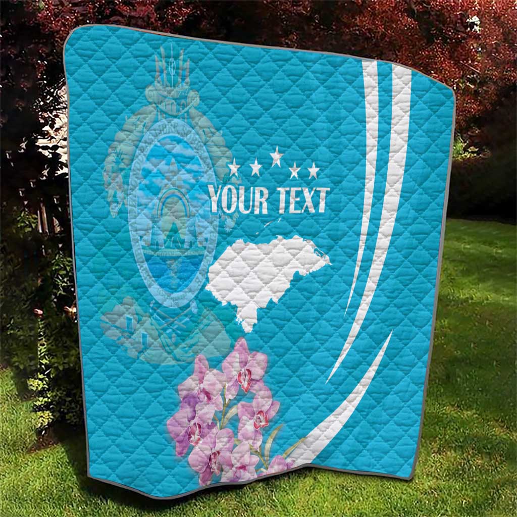 Personalized blue quilt with deer outline, Honduras flag map, and white text