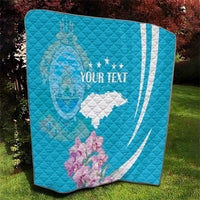 Personalized blue quilt with deer outline, Honduras flag map, and white text