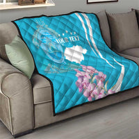 Personalized blue quilt with deer outline, Honduras flag map, and white text on sofa