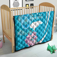 Personalized blue quilt with deer outline, Honduras flag map, and white text in nursery