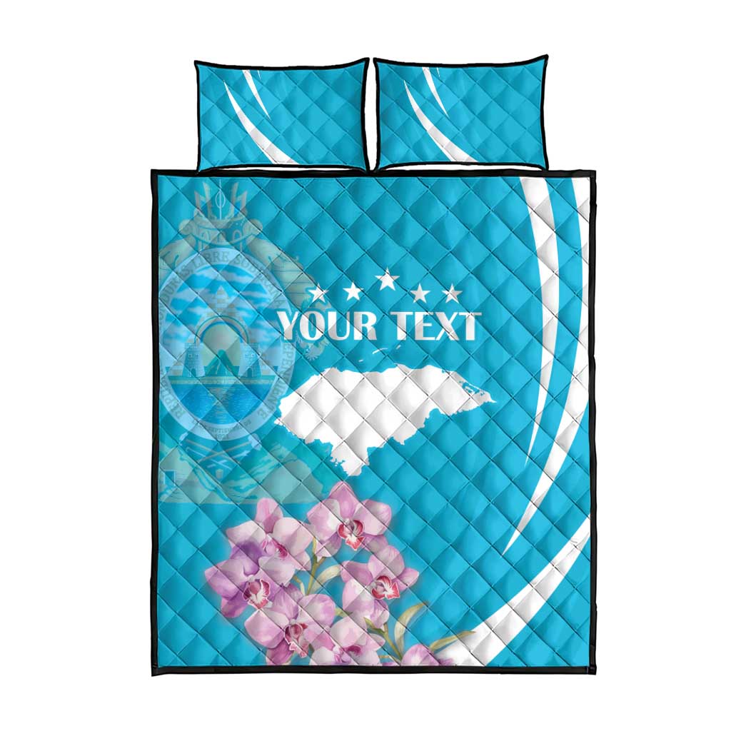 Blue quilt bed set with 'YOUR TEXT', Honduras map, star details, purple orchids, includes 2 pillows