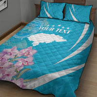 Blue quilt bed set with 'YOUR TEXT' across Honduras map, stars, white curved stripe, purple orchids