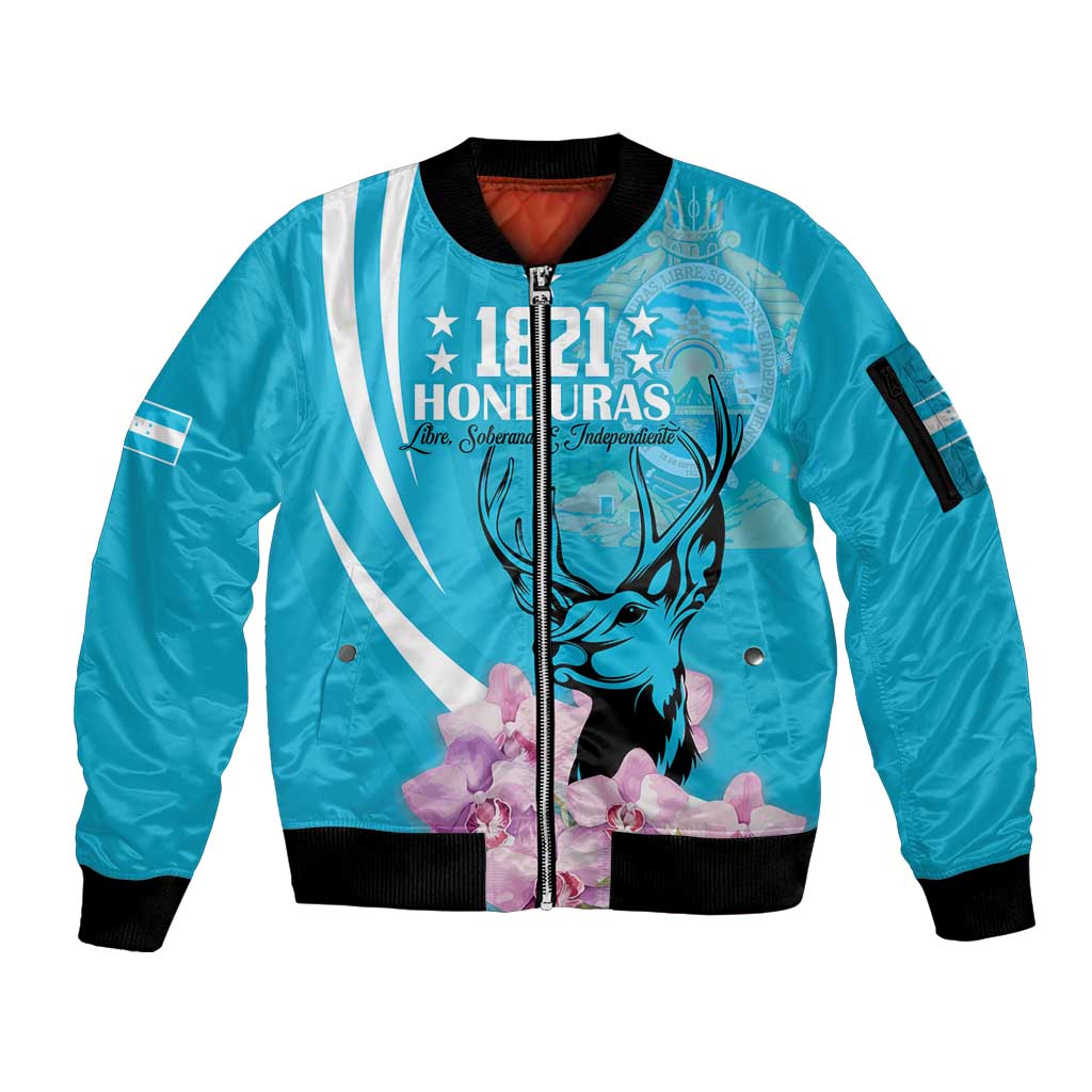 Personalized Honduras Independence Day Sleeve Zip Bomber Jacket With White Tailed Deer - Wonder Print Shop