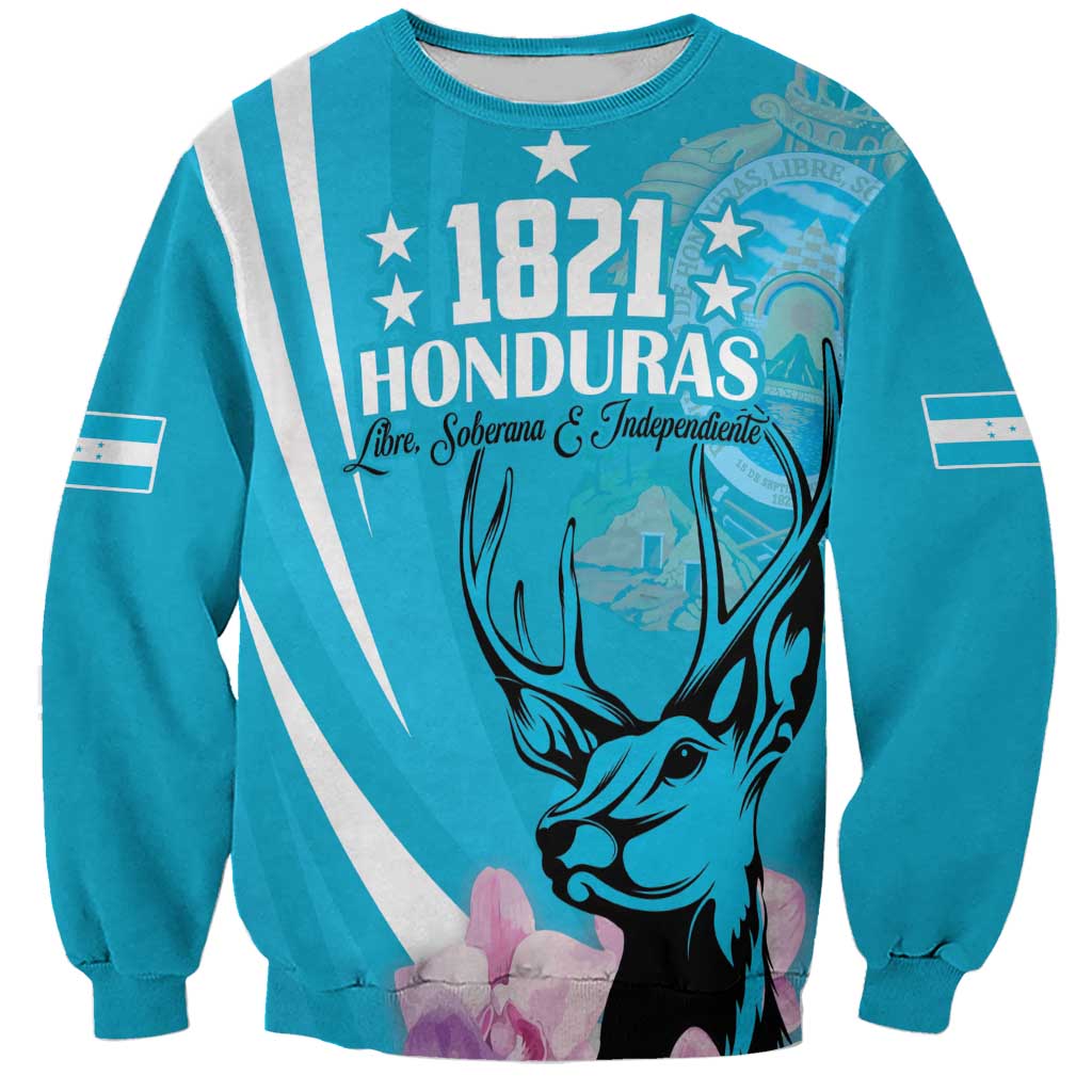 Blue unisex sweatshirt with 1821 Honduras graphic and deer head illustration