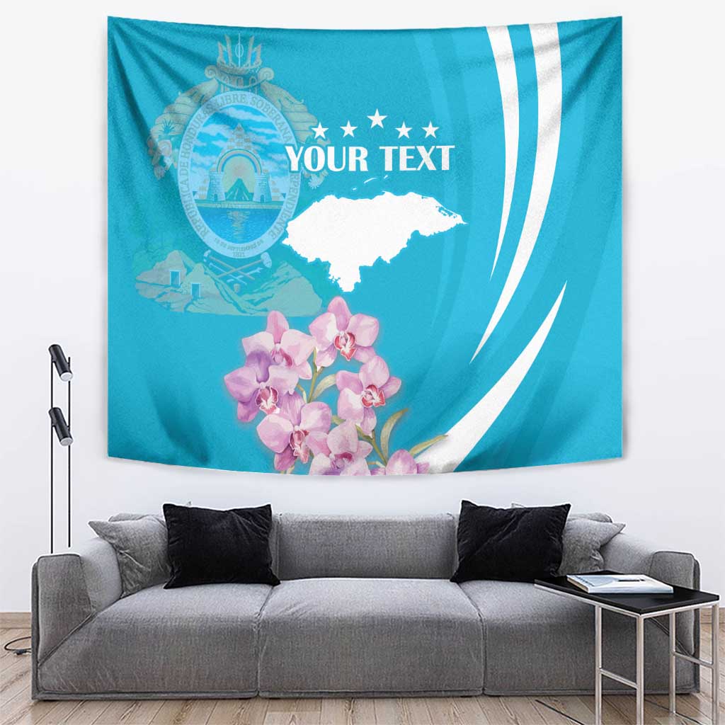 Blue tapestry wall hanging with crest, stars, orchids, and white 'YOUR TEXT' design.
