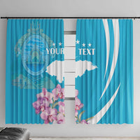 Blue window curtain pair with Honduras emblem, stars, flowing stripes, and custom text