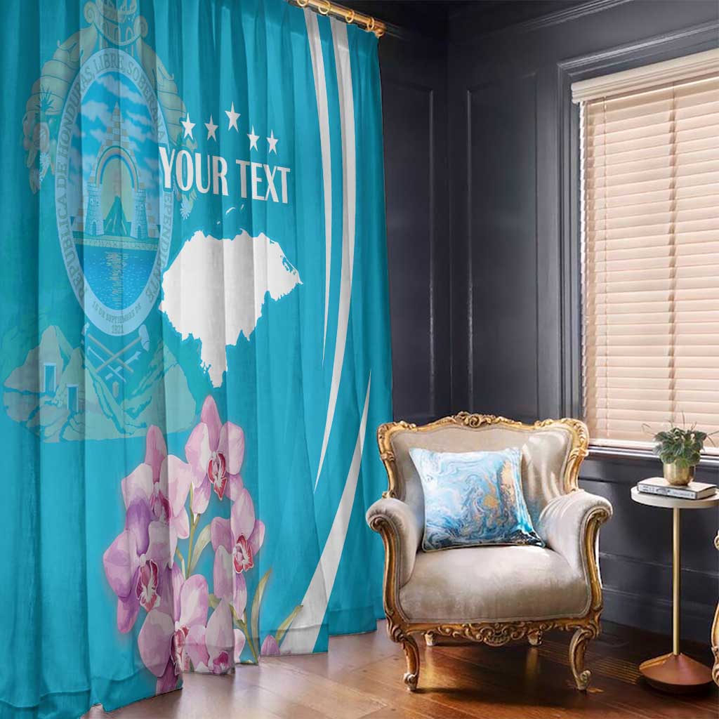 Blue window curtain with Honduras emblem, stars, and floral panel with custom text