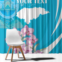 Close-up blue window curtain with Honduras map, orchids, and custom text panel