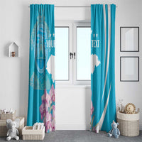 Turquoise window curtain pair with printed Honduras map, floral accents, and custom text