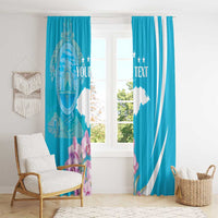 Turquoise window curtain set with Honduras map print, stars, stripes, and custom text