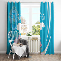 Blue window curtain pair with Honduras emblem, stars, and white stripe accents and text
