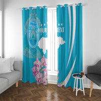 Turquoise window curtain pair with Honduras map print, floral accents, and custom text