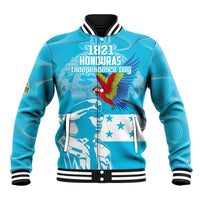 Blue baseball jacket with striped collar, front zip, macaw graphic and independence text