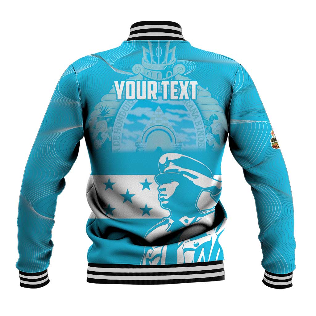 Blue baseball jacket back with striped collar, stars and YOURTEXT print