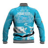 Blue baseball jacket back with striped collar, stars and YOURTEXT print