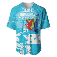 Blue baseball jersey with 1821 Honduras Independence Day and scarlet macaw graphic, front