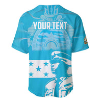 Blue baseball jersey with YOUR TEXT print and Honduras independence motifs, rear view
