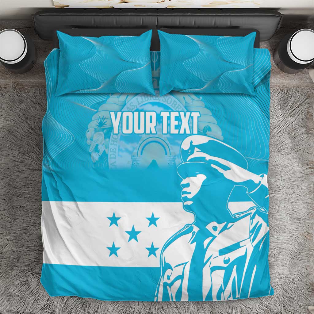 Blue and white personalized bedding set with bold graphic and "YOUR TEXT" print