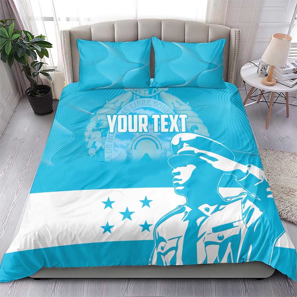 Blue and white bedding set with "YOUR TEXT" graphic on comforter and matching pillowcases